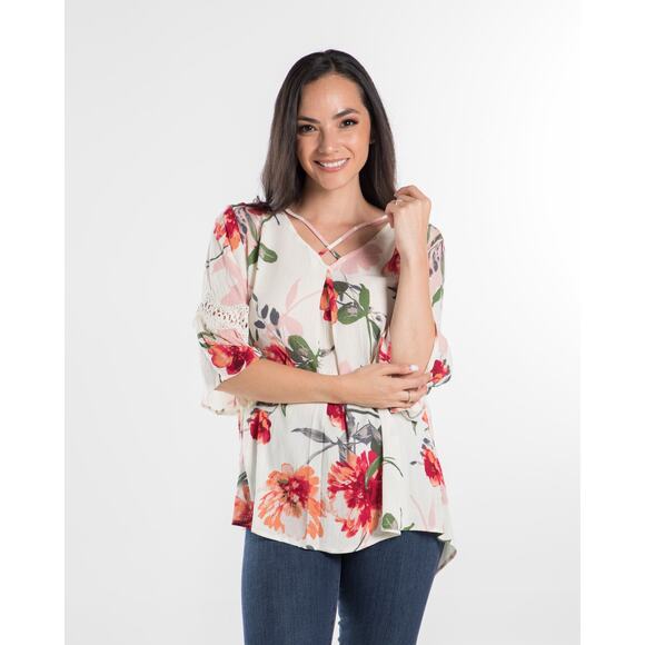 Ivory Multi Color Floral 3/4 Sleeve Top - Medium - Picture 6 of 12